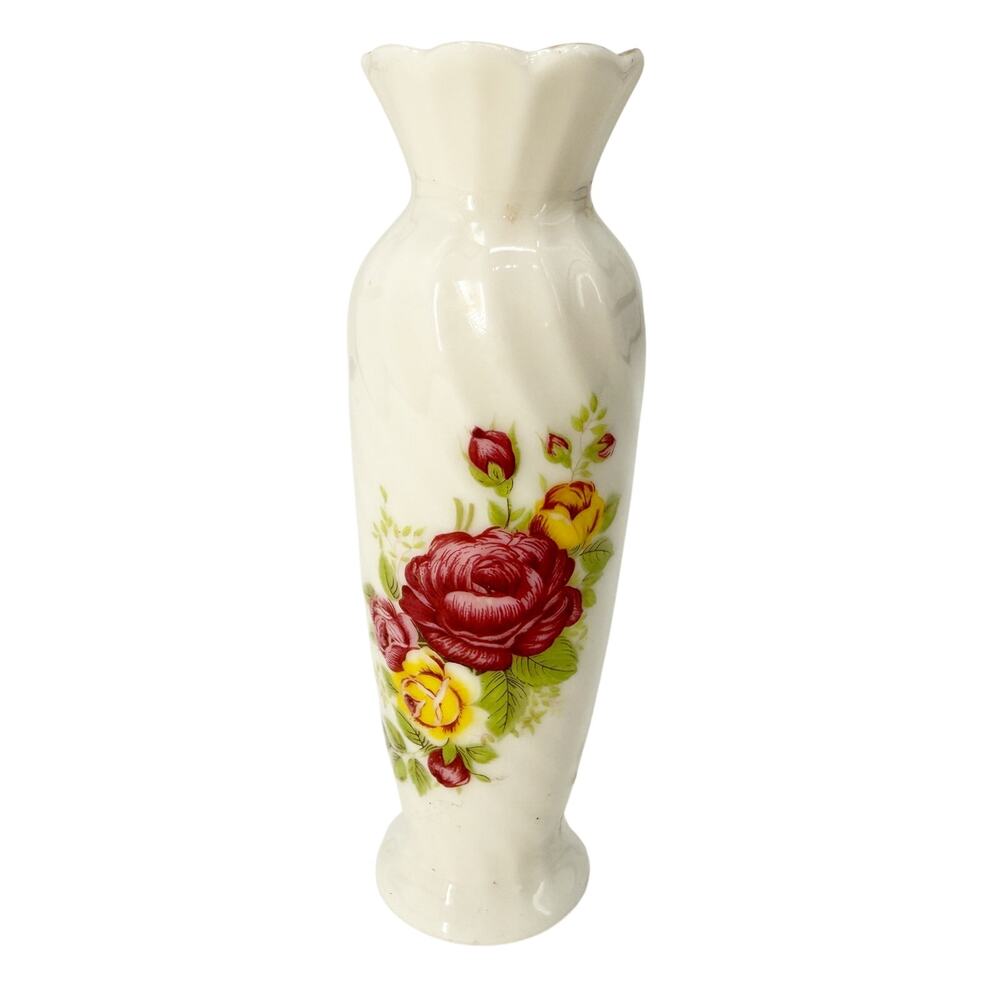 vintage white Bud Vase dark pink & yellow roses gold trim floral 5.25" tall